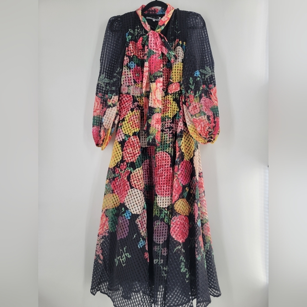 DALIA MACPHEE‎ Balloon Sleeve Tie Neck Floral Maxi Dress Size M New